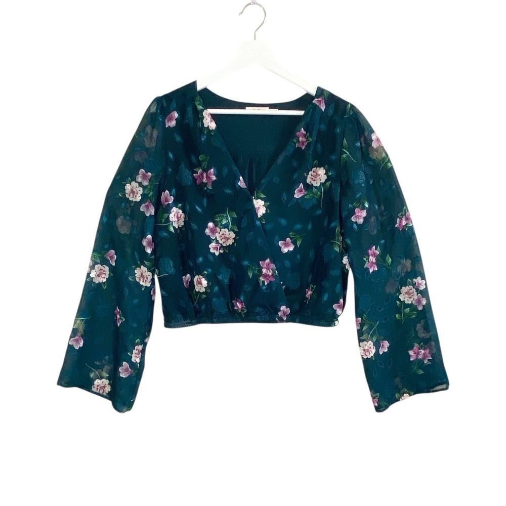 Mi Ami Top Womens Medium Floral Faux Wrap Blouse Sheer‎ Kimono Sleeve Green Pink